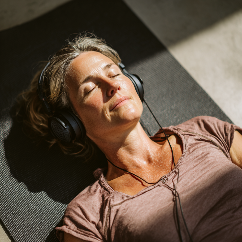 Жінка віком 52 років у навушниках лежить на йога-килимку з заплющеними очима, слухаючи керовану медитацію через мобільний додаток trapelvost