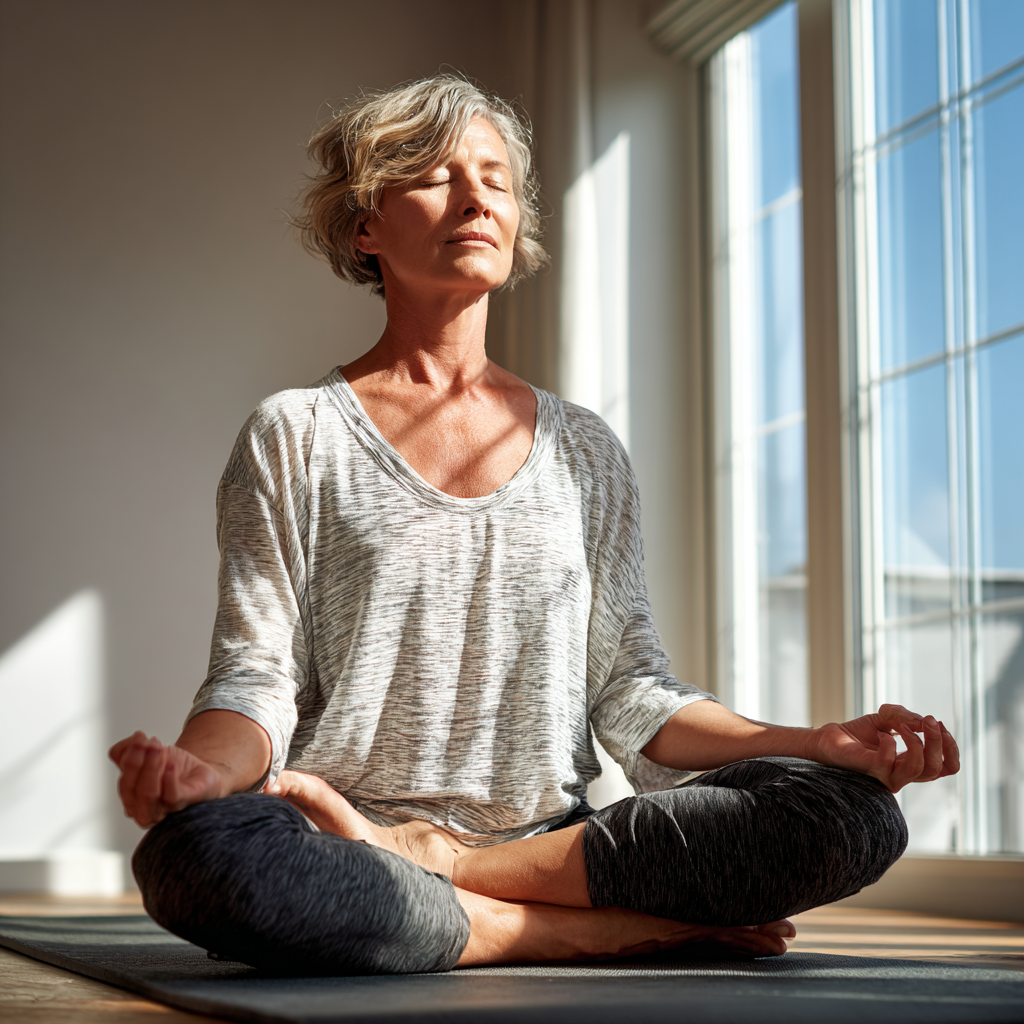 Жінка віком 55 років у зручному одязі для йоги сидить у медитативній позі на килимку в світлій кімнаті, демонструючи базові техніки дихання для початківців