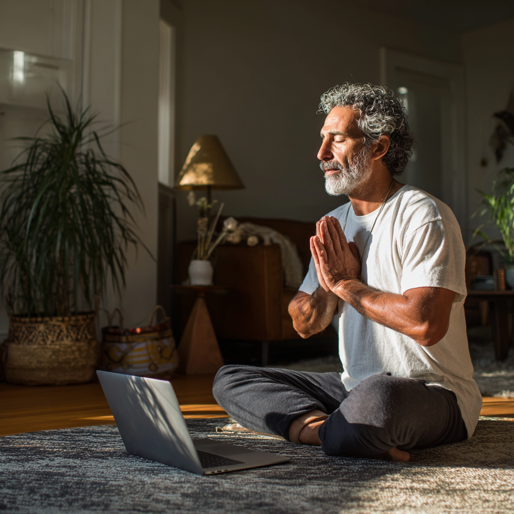 Чоловік віком 58 років займається йогою вдома перед ноутбуком, слідуючи онлайн інструкціям на платформі trapelvost у затишній домашній обстановці