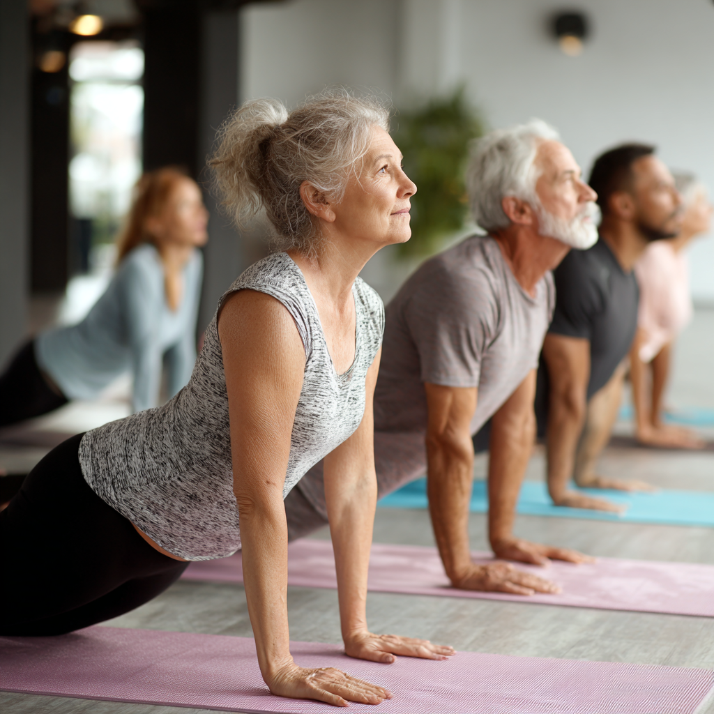 Група людей віком 50-60 років у зручному одязі для йоги виконує базові асани на килимках у світлій студії під керівництвом досвідченого інструктора