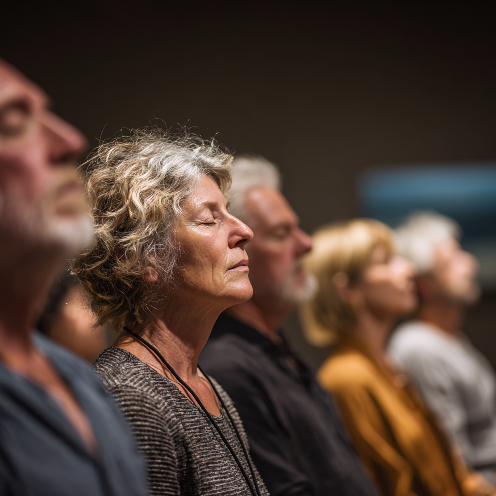 Група людей віком 50-60 років сидить у медитативних позах з заплющеними очима у тихій кімнаті з м'яким освітленням, занурені у спільну практику медитації